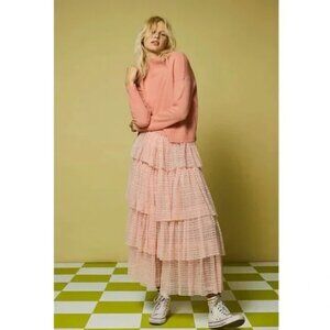 Free People Let's Go Girls Convertible Tiered Floral Lace Full Maxi Skirt Pink